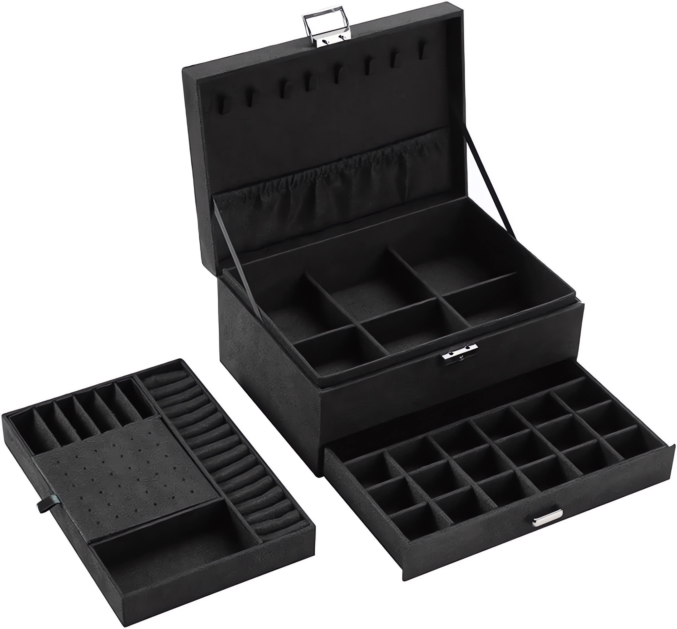 Cutie de bijuterii, Zola®, cu cheita pentru inchidere, compartimente speciale pentru inele, cercei, bratari, coliere si alte bijuterii, material moale, 11.5 x 24.5 x 17.5 cm, Negra Cutie de bijuterii, Zola®, cu cheita pentru inchidere, compartimente speciale pentru inele, cercei, bratari, coliere si alte bijuterii, material moale, 11.5 x 24.5 x 17.5 cm, Negra